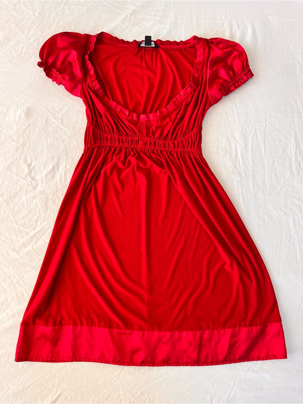 Red Puff-Sleeve Midi Dress with Elastic Waist